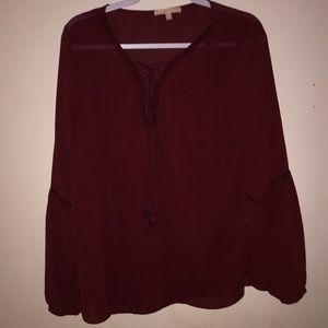 Burgundy blouse, lace and tassel neck line, sheer
